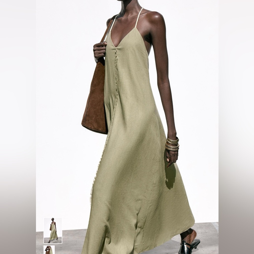 Zara Olive Green/khaki linen Maxi Dress